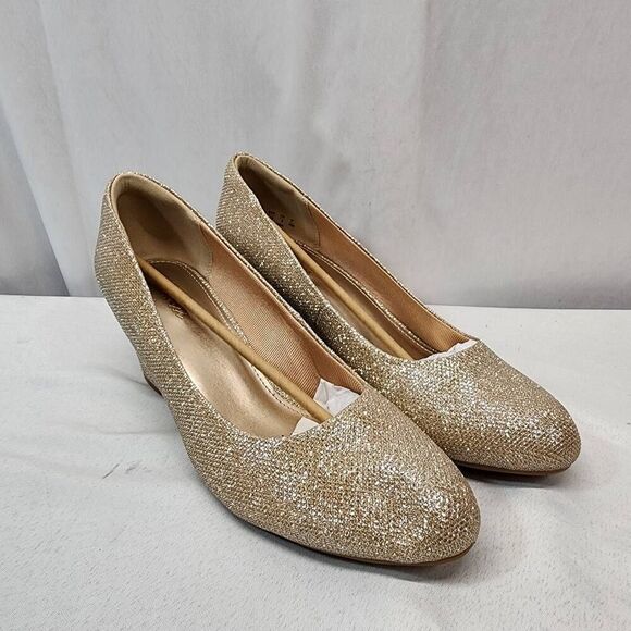 Ankis Women's 11 Wedges Gold Comfortable Medium Heel Wedges Work Pumps Shoes - Picture 1 of 7